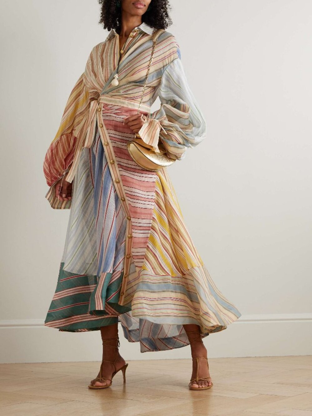 ZIMMERMANN Rebellion patchwork striped linen and silk-blend voile midi wrap dres - Picture 1 of 14